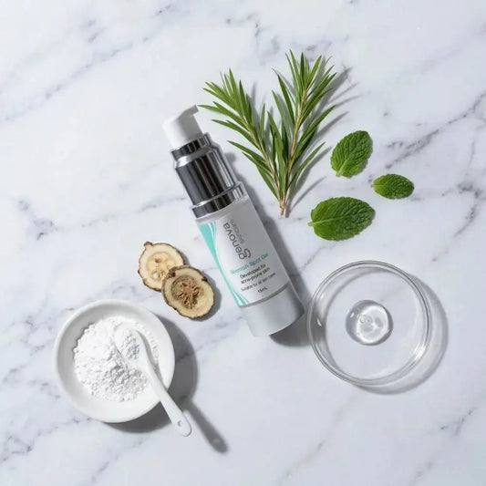 Genova Skincare Blemish Spot Gel flat lay with natural ingredients including tea tree mint rosemary kaolin clay and clear gel on marble surface
