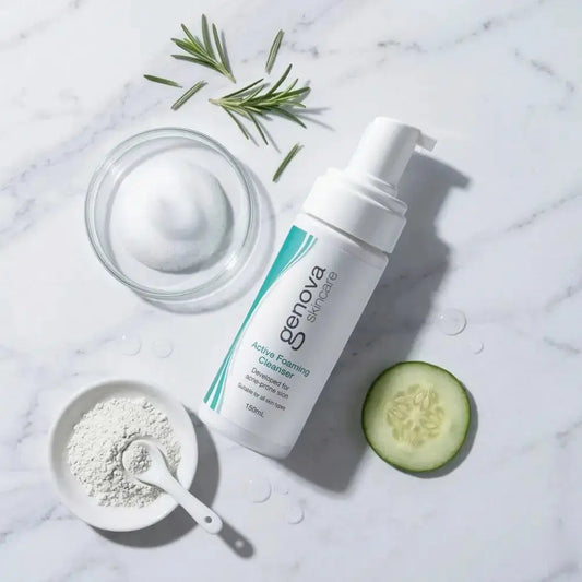 Genova Active Foaming Cleanser 150ml flat lay on marble with rosemary, cucumber, kaolin clay and foam, Australian foaming cleanser for acne-prone and sensitive skin