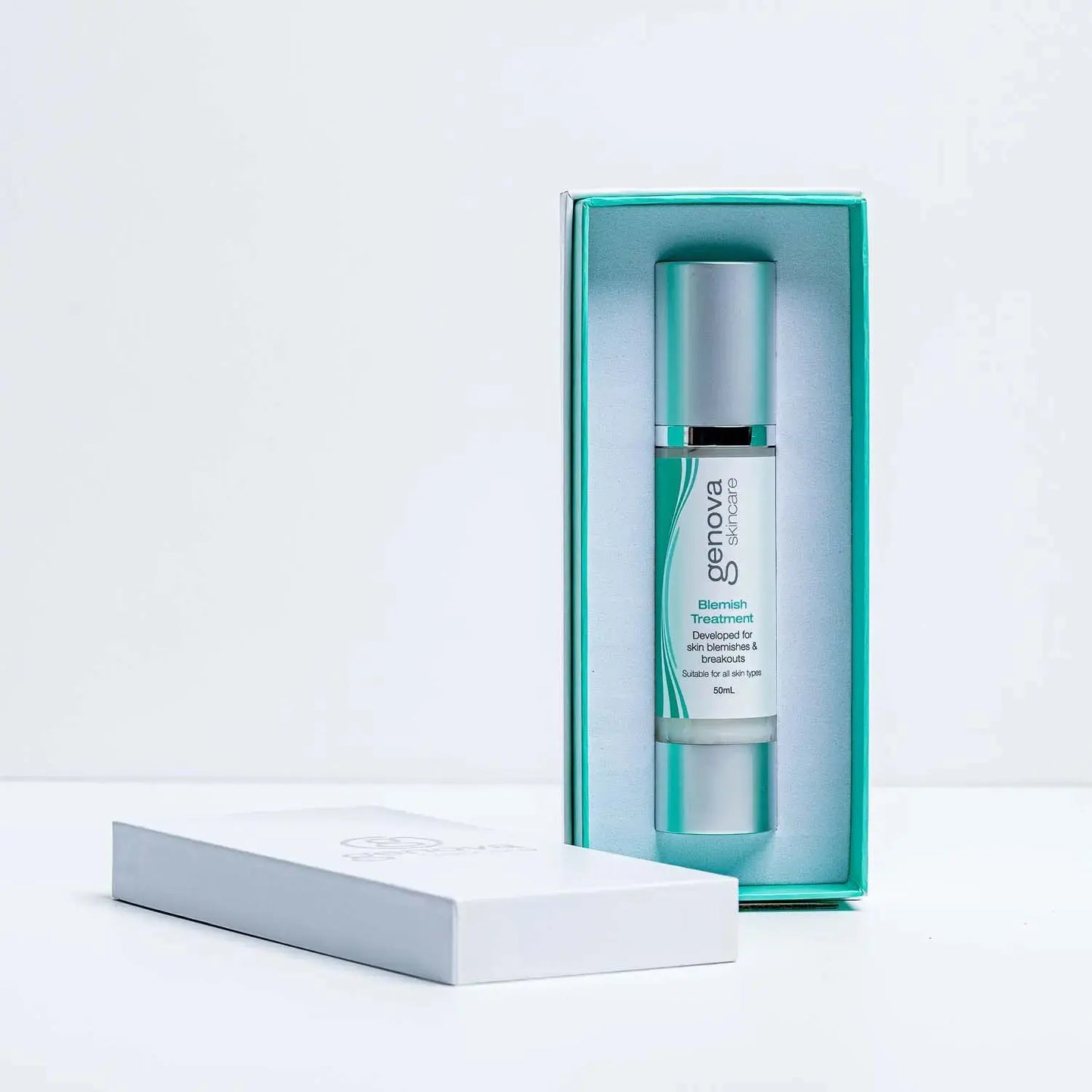 Genova Skincare Blemish Treatment pump bottle in teal gift box packaging