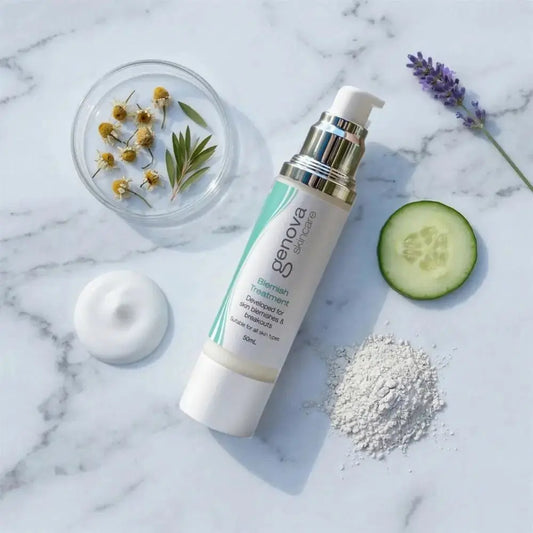 Genova Skincare Blemish Treatment flat lay with soothing natural ingredients including cucumber lavender chamomile and kaolin clay on marble surface