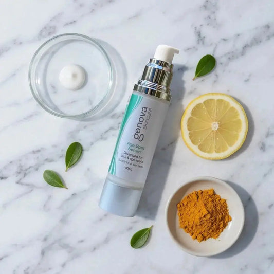 Genova Age Spot Serum 50ml flat lay on marble with lemon and turmeric, Australian brightening serum for dark spots and pigmentation