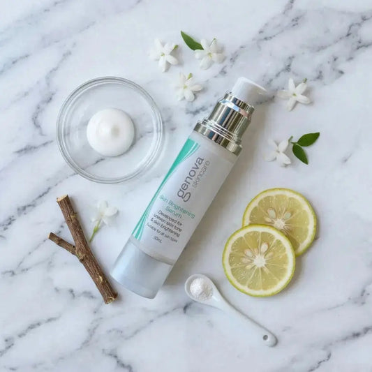 Genova Skin Brightening Serum 50ml flat lay on marble with lemon, licorice root and jasmine flowers, brightening serum for uneven skin tone and dull complexion