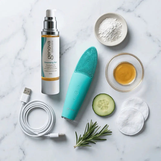 Genova T-Zone Silicone Cleanser flat lay with Cleansing Gel charger and cleansing accessories on marble