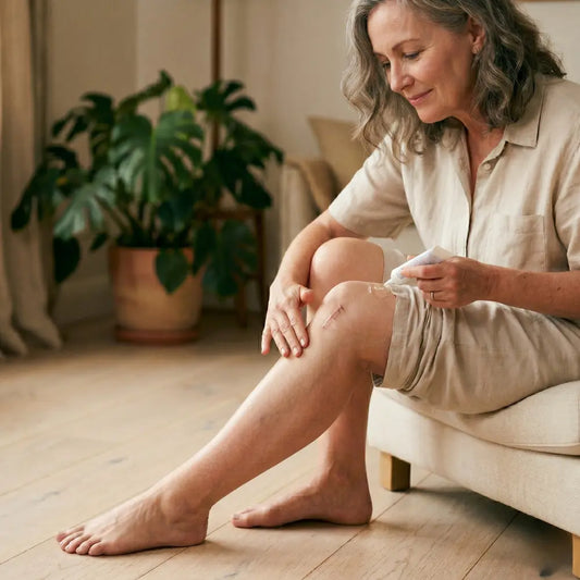 Woman in her late fifties seated in soft natural light, applying silicone scar gel to a vertical knee replacement incision on her left leg.