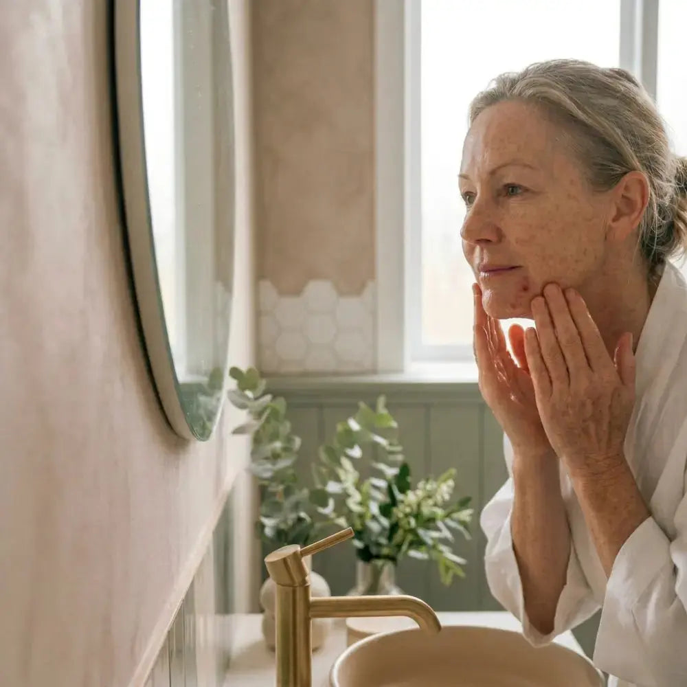 Australian woman around 50 cleansing her jawline with damp fingertips at a bathroom mirror, soft natural light highlighting realistic skin texture.
