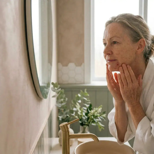 Australian woman around 50 cleansing her jawline with damp fingertips at a bathroom mirror, soft natural light highlighting realistic skin texture.