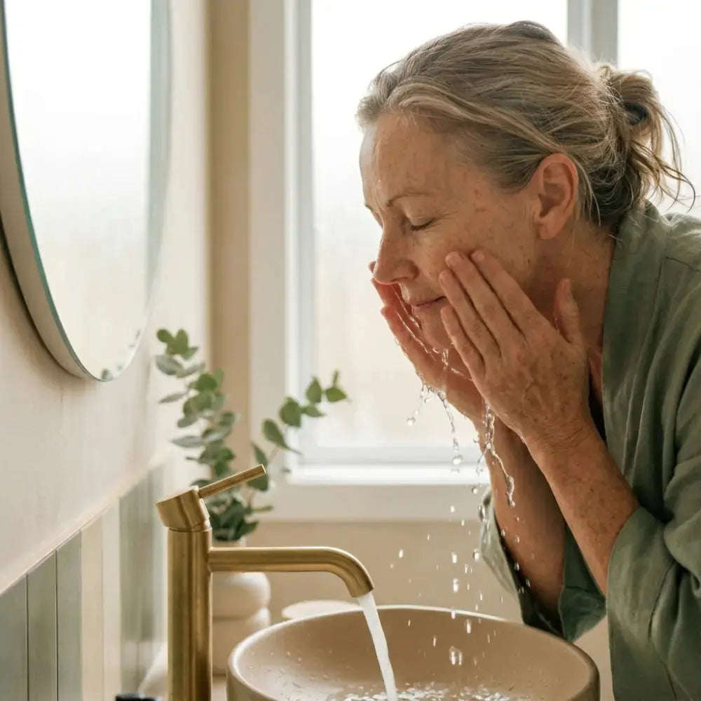 Australian woman in her early fifties at a softly lit bathroom basin, gently splashing lukewarm water on her face during a calm morning cleansing routine.