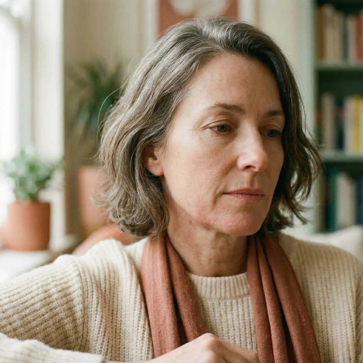 Woman in her early 50s with grey hair reflecting on menopausal skin changes