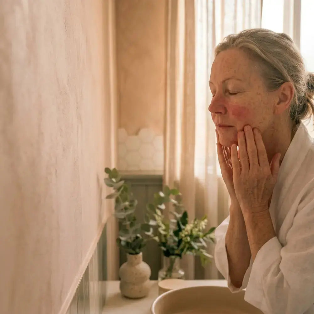 Australian woman in her mid-fifties with naturally flushed cheeks resting her fingertips on her face after a calming cleanse, golden afternoon light through linen curtains.