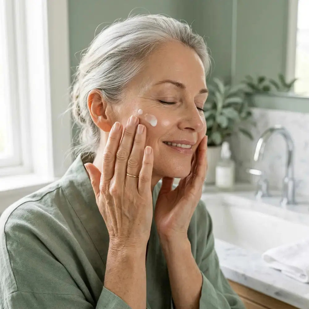 mature woman applying anti-wrinkle serum to face in bathroom morning skincare routine for menopausal skin
