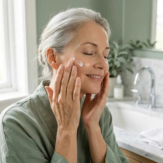 mature woman applying anti-wrinkle serum to face in bathroom morning skincare routine for menopausal skin