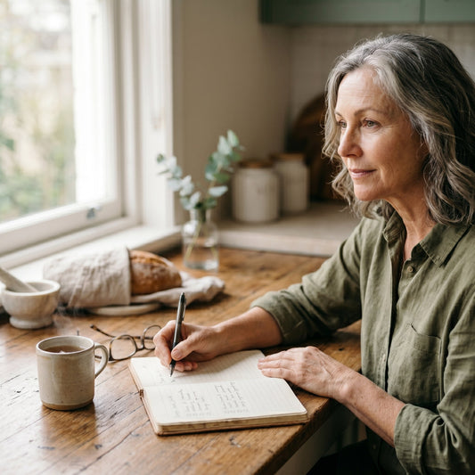 A woman contemplating skincare for her face