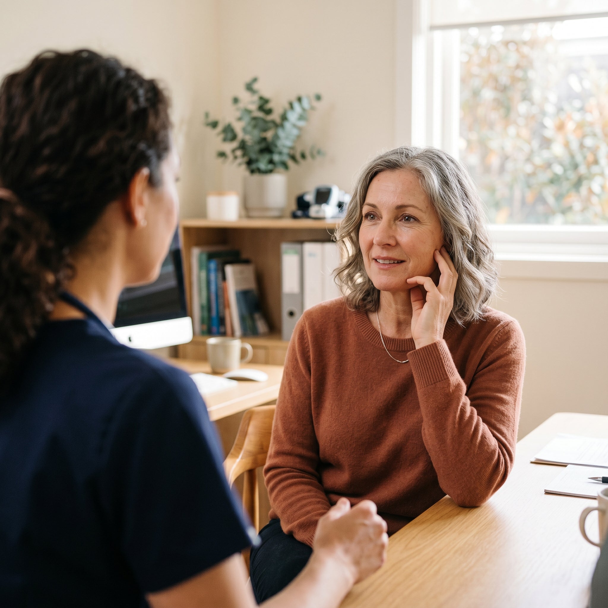 A woman discussing HRT options with her doctor.