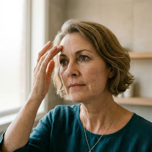 Close-up of a woman over 50 gently touching her forehead while looking in a mirror, noticing expression lines during menopause