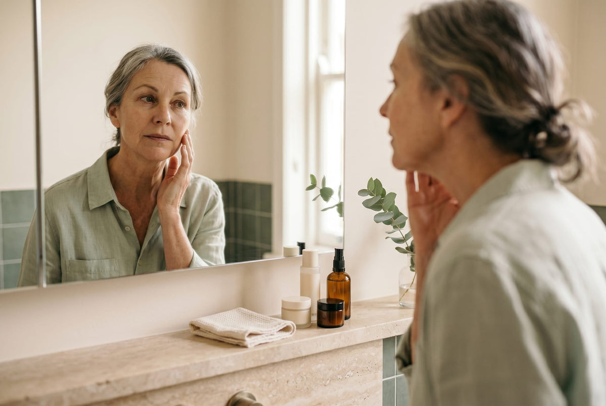 Woman over 45 checking her skin in the mirror for loss of elasticity during perimenopause