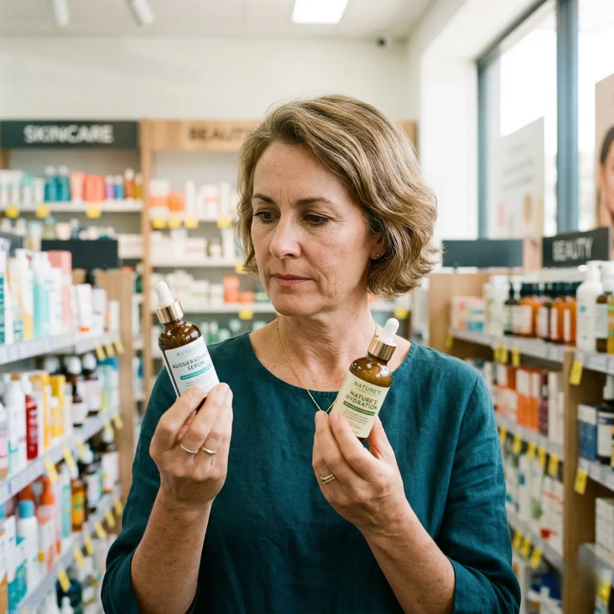 Woman in her 50s reading skincare product labels in a pharmacy, comparing retinol and peptide serums for menopausal skin