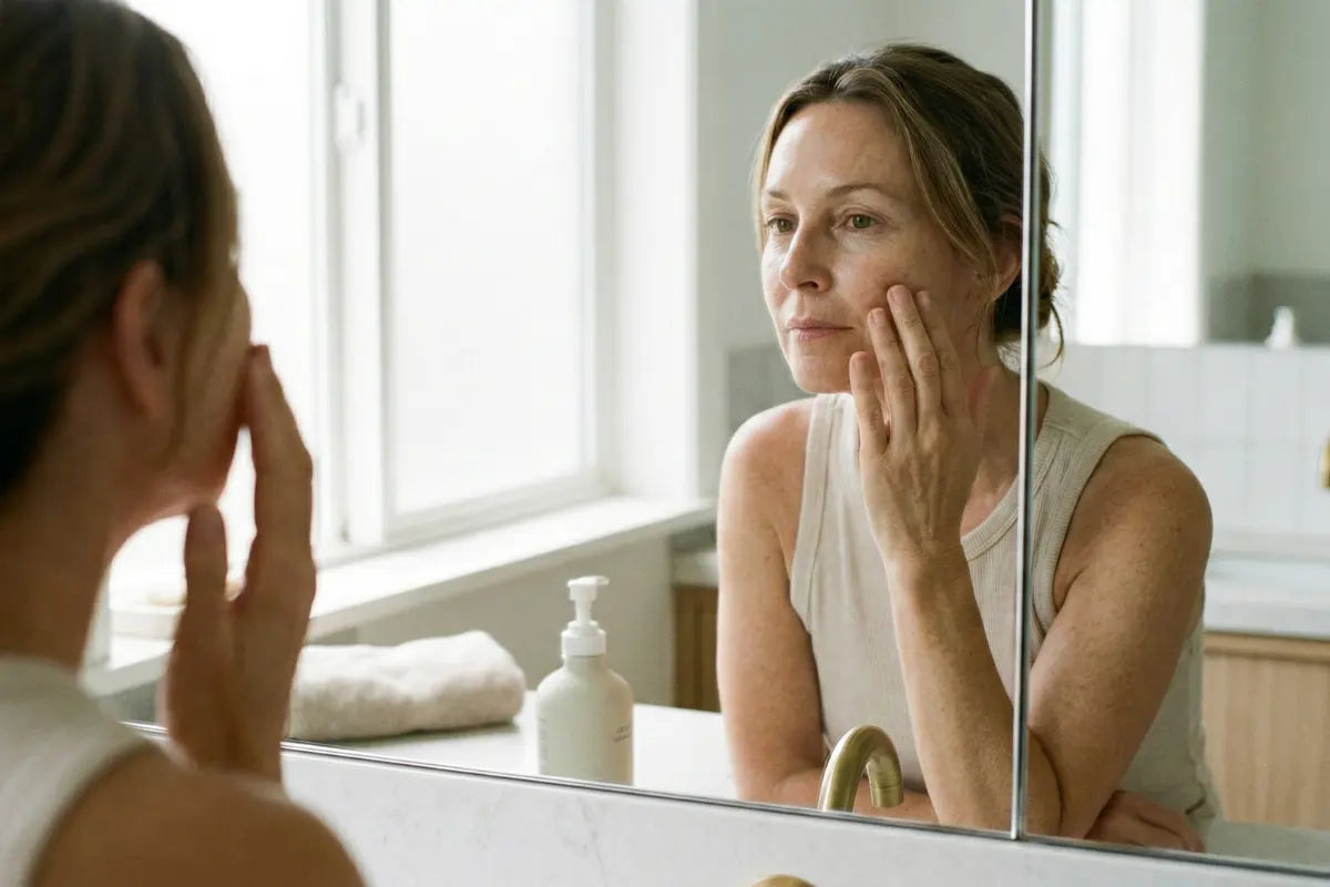 A woman looking at her face in a mirror