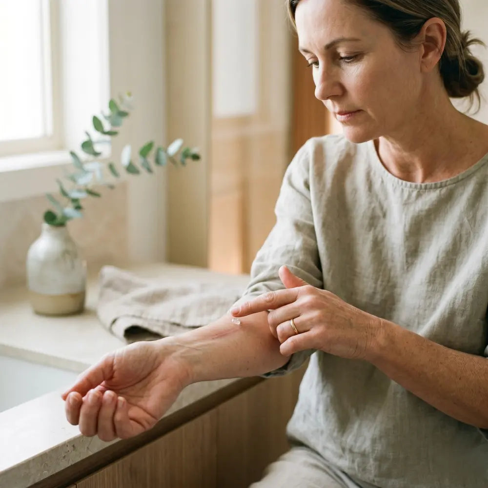 Australian woman in her late 50s applying clear silicone scar gel to a recent forearm scar in soft natural light