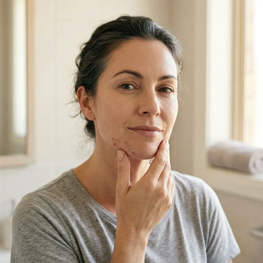 Woman in her late 40s touching her jawline showing hormonal acne blemishes along the jaw, confident expression, grey t-shirt in soft bathroom light, perimenopause skincare