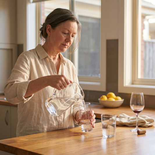Australian woman over 45 pouring water the morning after wine