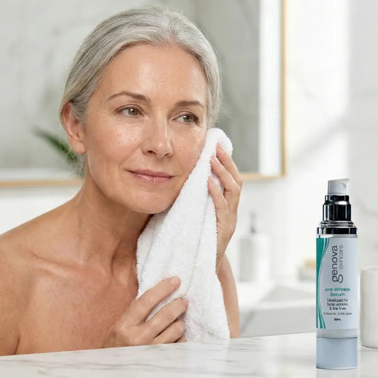 A woman applying Genova Anti-Wrinkle Serum