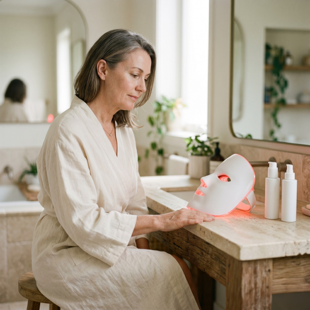 Australian woman over 45 considering LED mask for her menopausal skin
