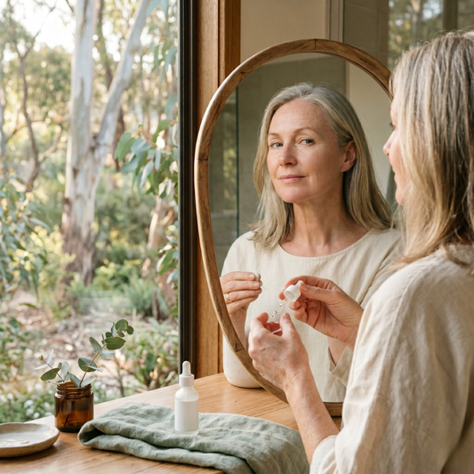 Australian woman in 50s applying skincare at home, garden behind