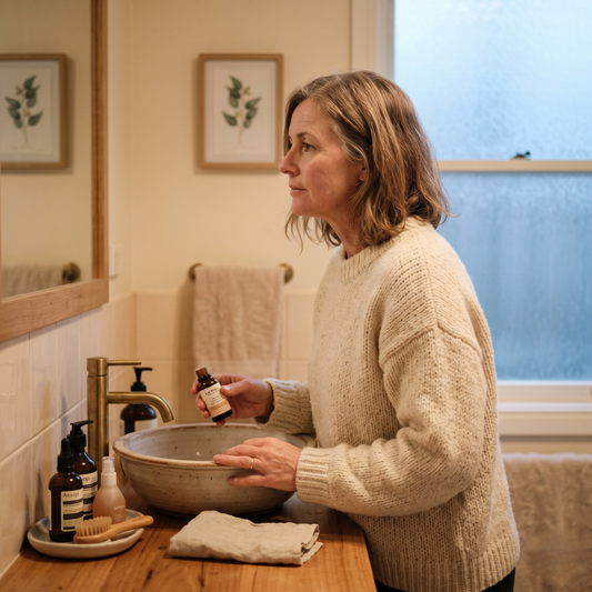 Menopausal Australian woman in her fifties applying winter skincare moisturiser at a warm bathroom basin wearing a cream woollen jumper.