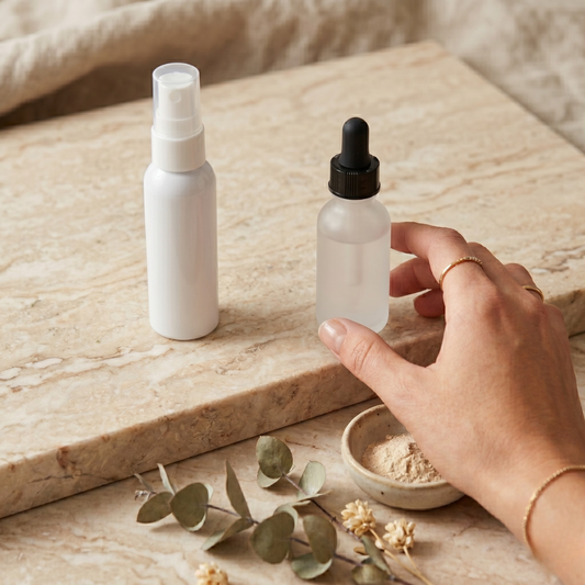 White spray bottle and peptide redness serum dropper on cream marble with a mature woman's hand