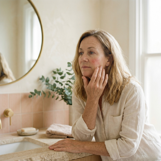 A menopausal woman applying azelaic acid in a serum to her face