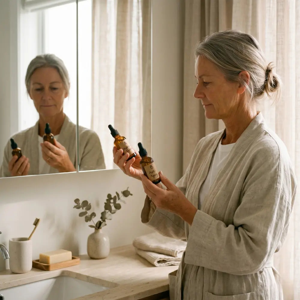 Australian woman in her early 50s standing at a bathroom vanity comparing two small amber serum bottles in soft natural morning light