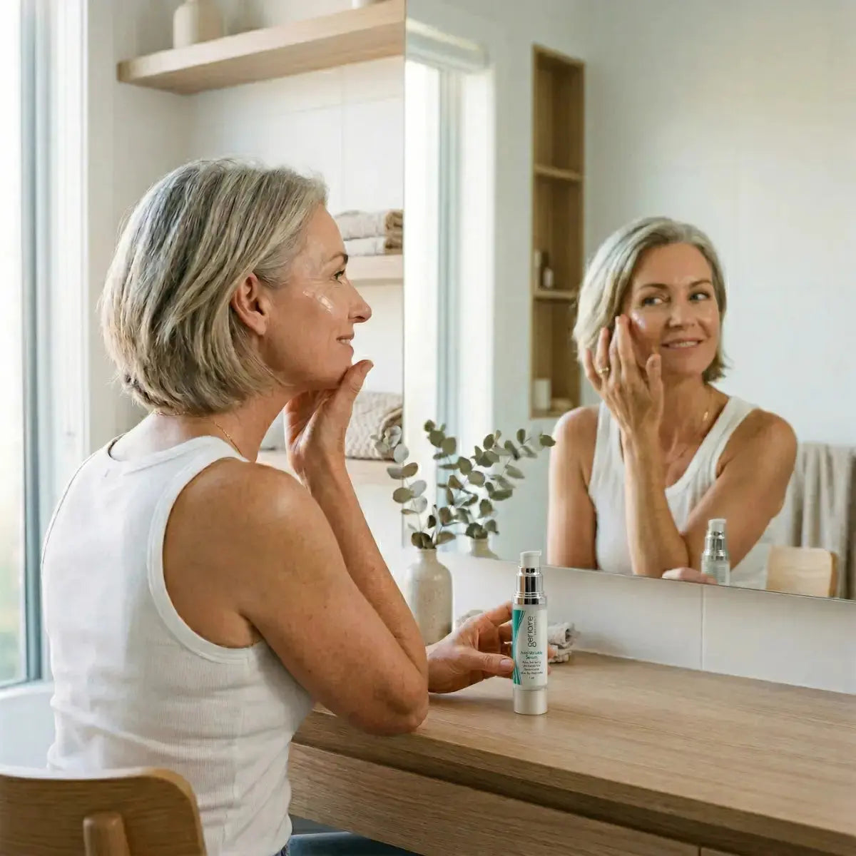 Woman in her 50s with silver hair applying anti-wrinkle serum to her cheek while looking in a bathroom mirror, morning skincare routine for menopausal skin
