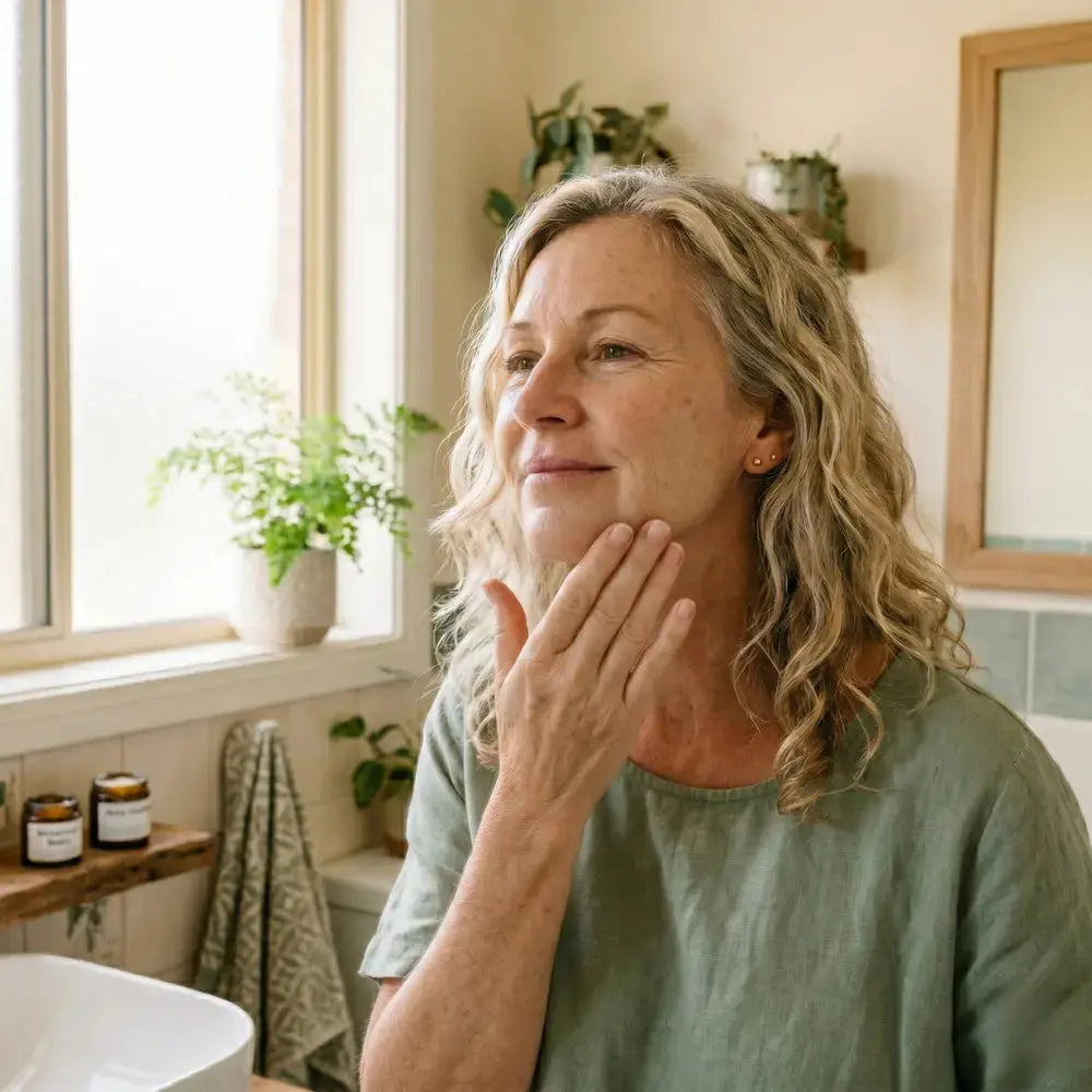 Woman in her 50s smoothing a rich cream along her jawline in front of a softly lit Australian bathroom window