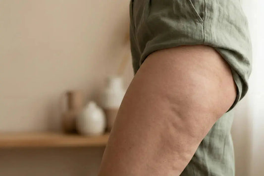 Visible cellulite dimpling on the upper thigh and buttock area, a concern that often worsens after 40 due to collagen loss and hormonal changes during perimenopause