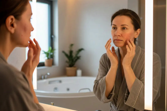 A woman with inflamed skin looking in a mirror