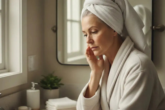 A concerned menopausal woman looking at her skin