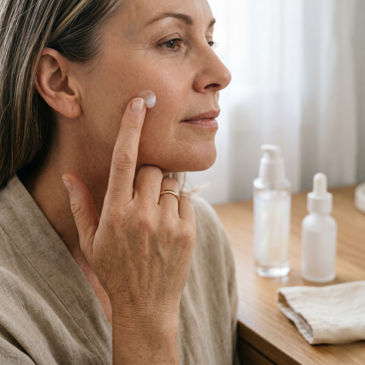 Mature woman pats a serum bead onto her cheek 