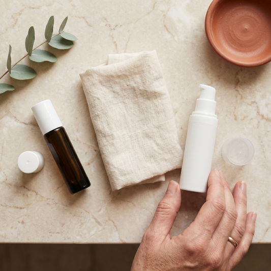 Small dark amber roller-ball caffeine eye serum bottle and a slim white airless pump peptide eye serum on a cream marble counter