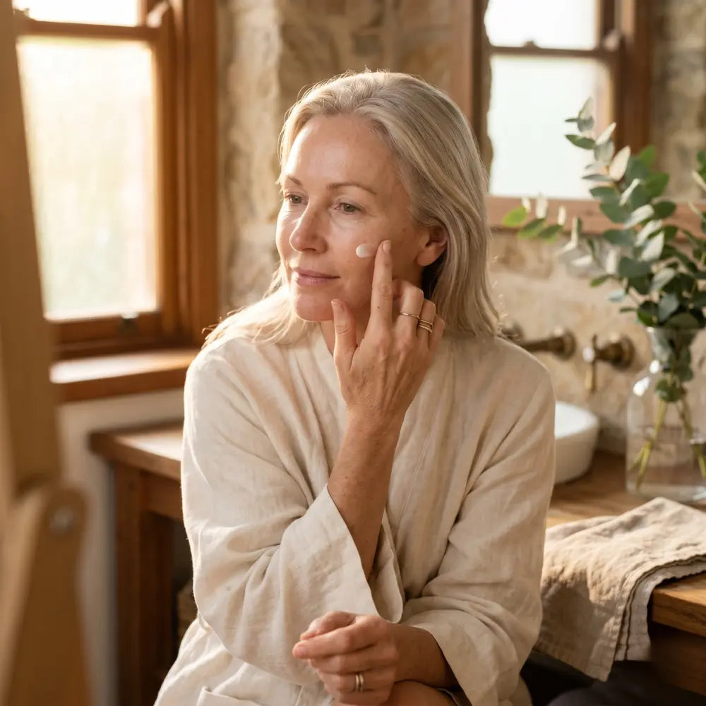 Australian woman in her early 50s patting moisturiser into her cheek at a sunlit bathroom vanity, preparing her mature skin before applying foundation.