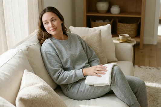 A woman covering her thigh with a towel