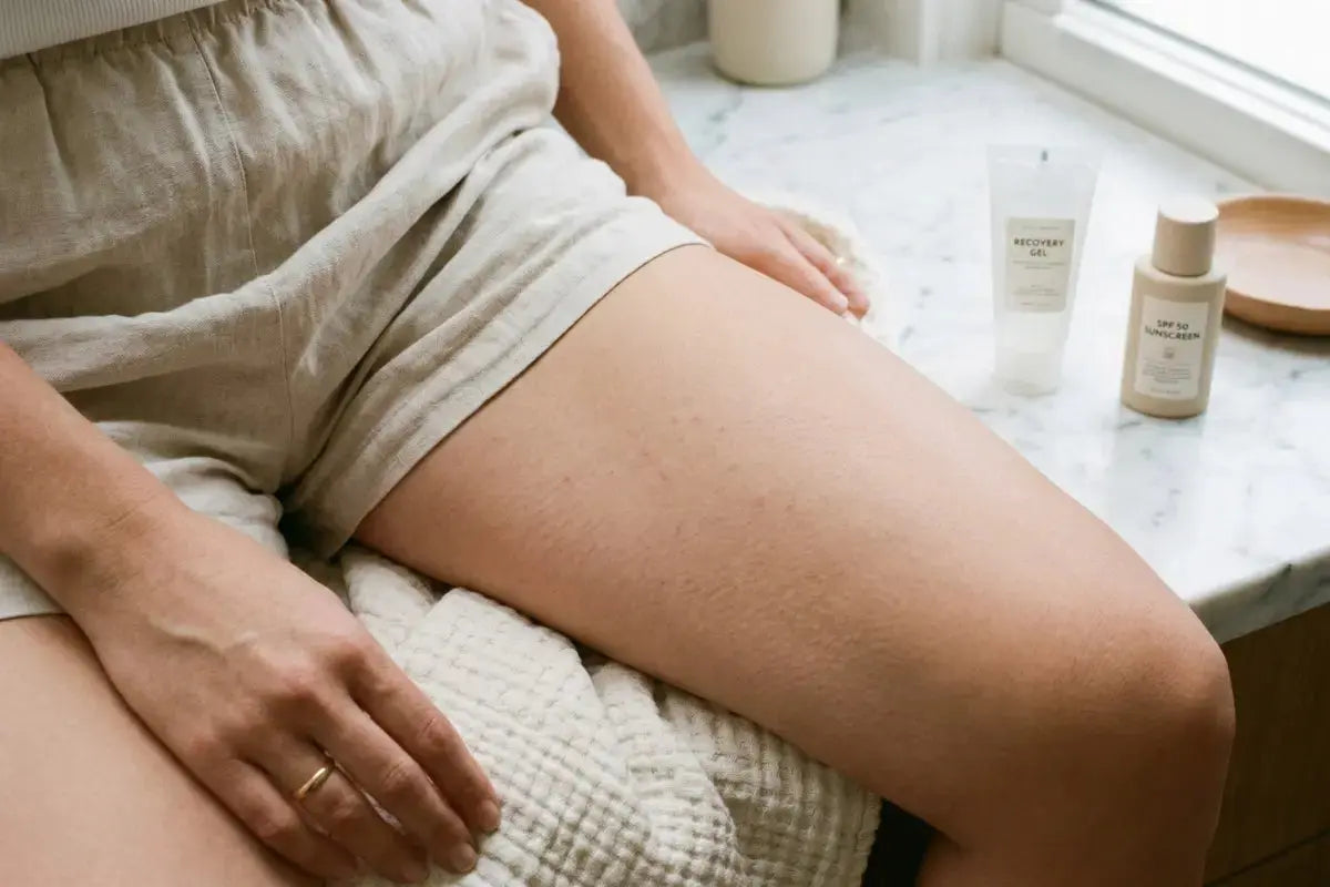 Woman resting after Cellfina cellulite treatment with Genova Silicone Scar Gel nearby, post-procedure scar care for Cellfina entry point marks