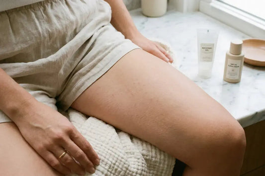 Woman resting after Cellfina cellulite treatment with Genova Silicone Scar Gel nearby, post-procedure scar care for Cellfina entry point marks