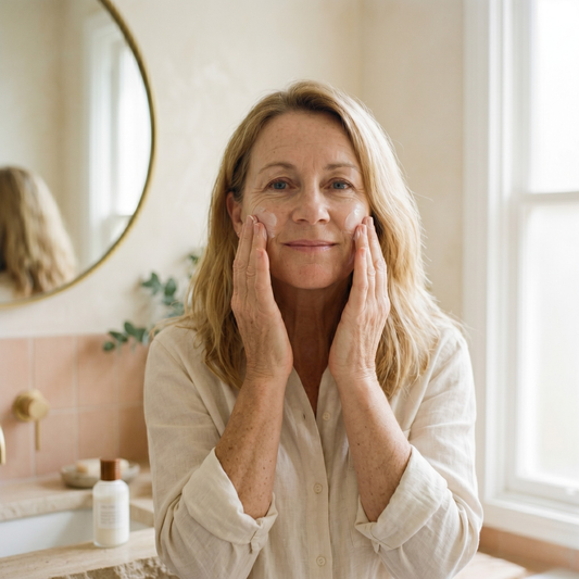 A menopausal woman applying ceramide to her face