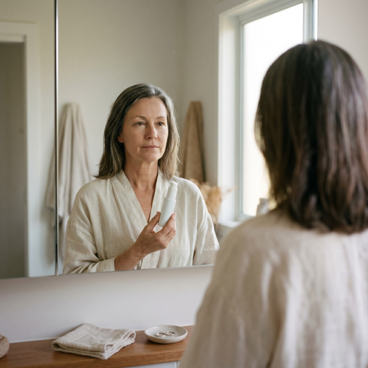 Mature woman at a bathroom mirror holding a peptide serum bottle, considering Botox and skincare for menopausal wrinkles after 45.