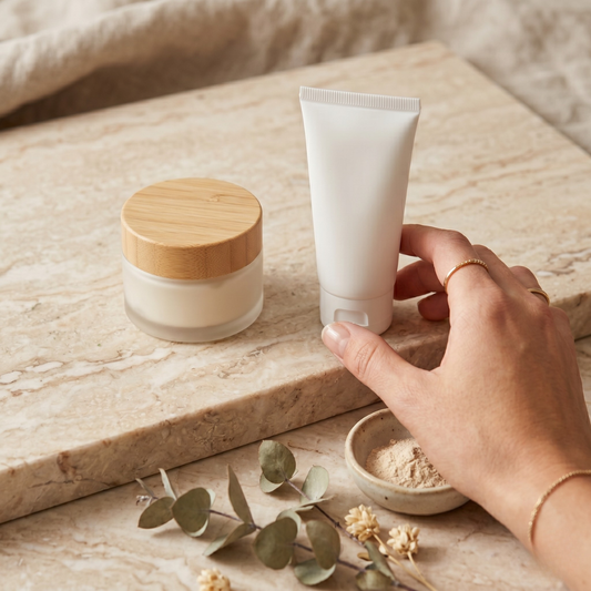 Frosted-glass jar of collagen cream and a matte white tube of peptide cream on a cream marble counter with a mature woman's hand reaching toward the peptide tube