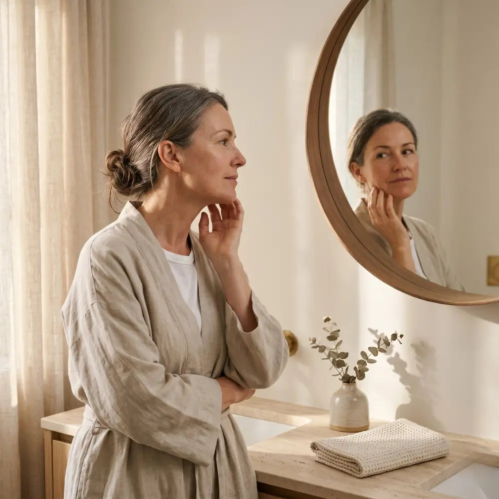 Australian woman in her early 50s in a soft linen robe looking thoughtfully at her reflection in a round bathroom mirror, hand resting at her jawline, warm morning light
