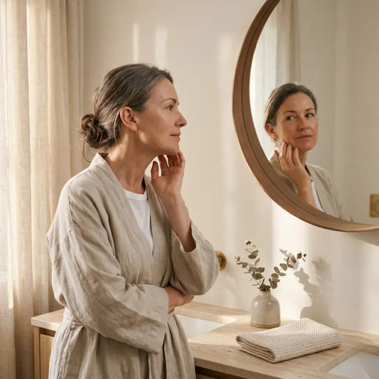 Australian woman in her early 50s in a soft linen robe looking thoughtfully at her reflection in a round bathroom mirror, hand resting at her jawline, warm morning light
