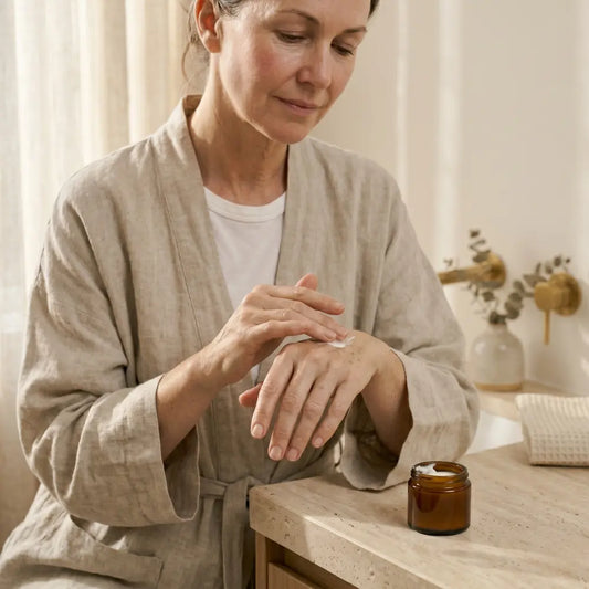 Woman in her early 50s applying cream to the back of her hand in warm morning light, amber glass jar on the vanity