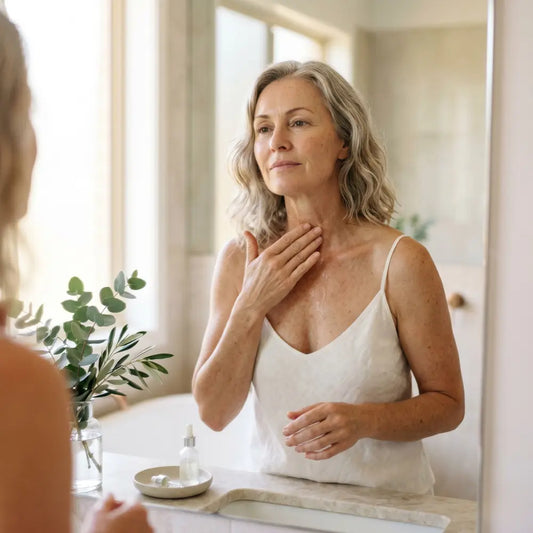 Australian woman in her 50s applying serum to her neck and décolletage in soft natural morning light at a bathroom mirror