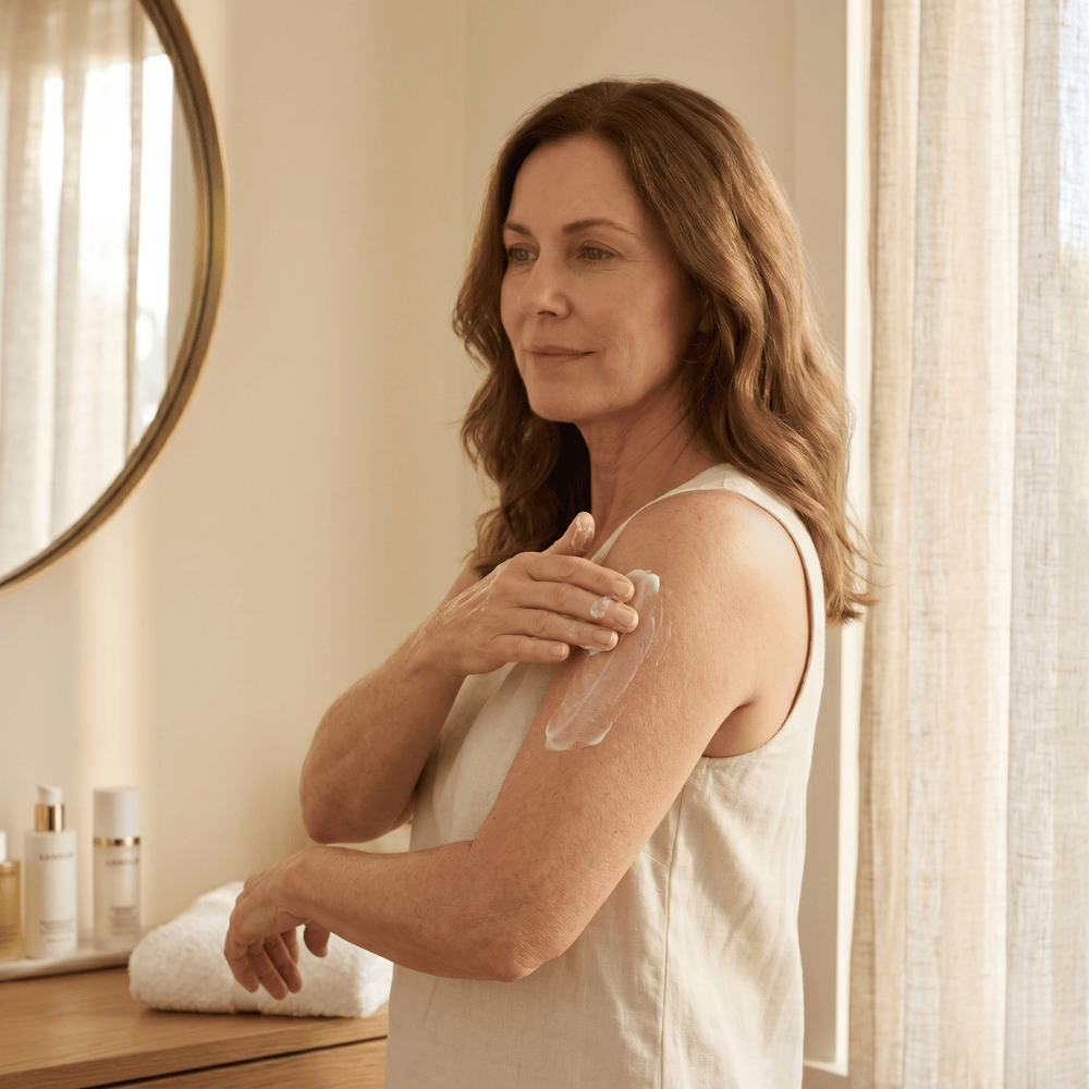 Crepey, loose skin on the upper arms after weight loss in menopause, a common concern for women over 45